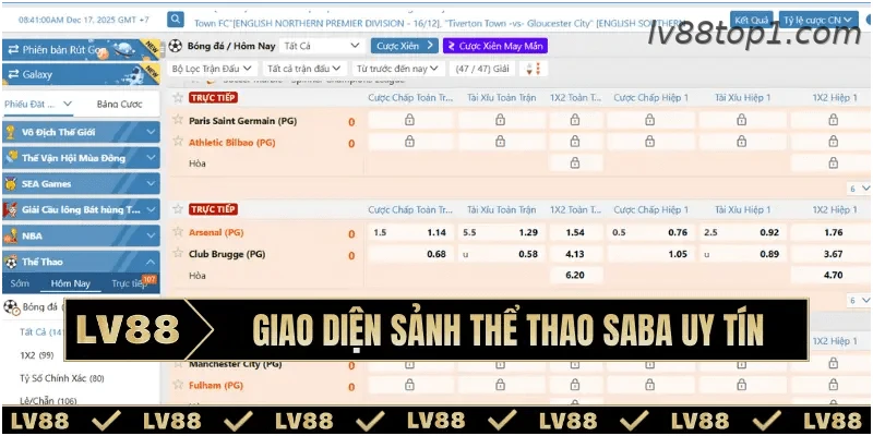 Giao diện sảnh thể thao Saba uy tín